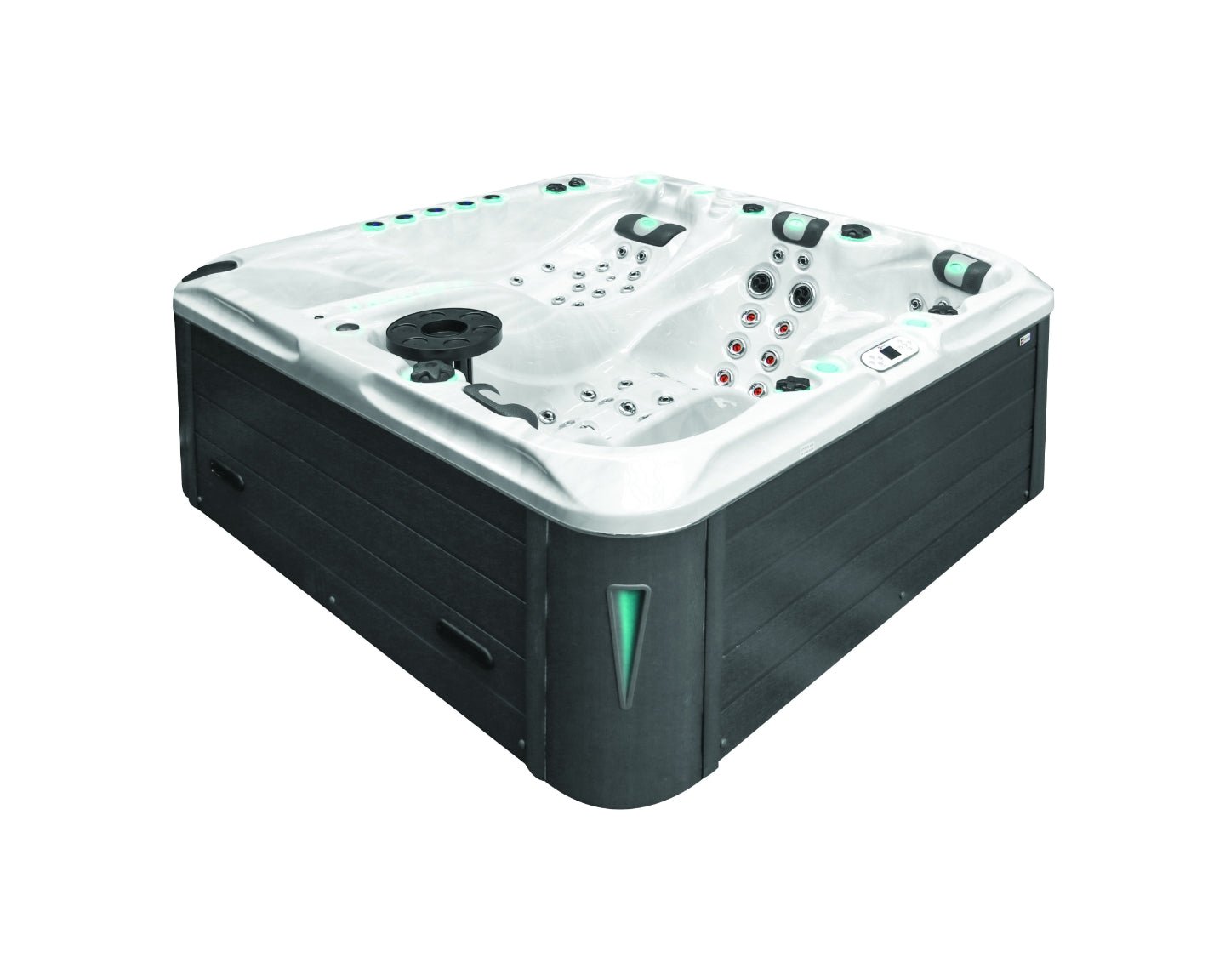 Euphoria luxury 4-person hot tub with Levitation Bed and 100+ jets, featuring white acrylic shell and dark cabinet - Passion Spas