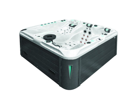 Euphoria luxury 4-person hot tub with Levitation Bed and 100+ jets, featuring white acrylic shell and dark cabinet - Passion Spas