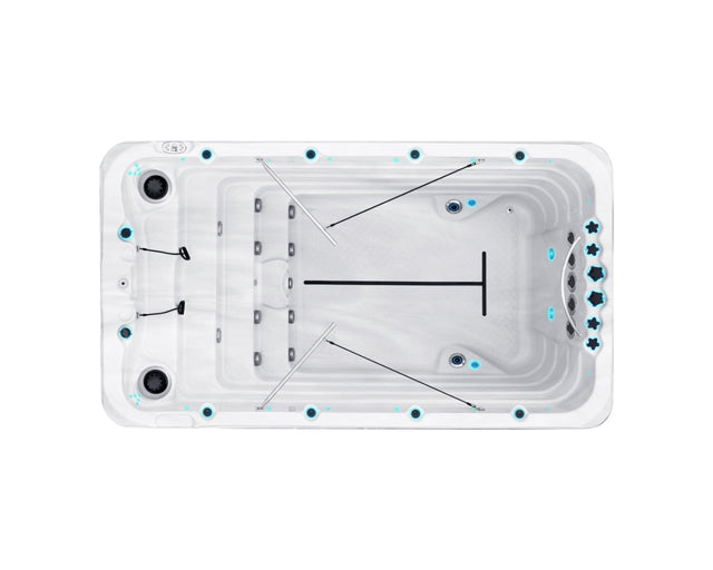 Overhead view of Fitness 1 Deep swim spa showing Current-Lift jets and rowing system - Passion Spas Fitness Collection swim spa