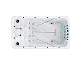 Witte zwemspa met geïntegreerde zit- en zwemgedeelten, ontworpen als jacuzzi buiten en swimspa voor fitness en ontspanning.