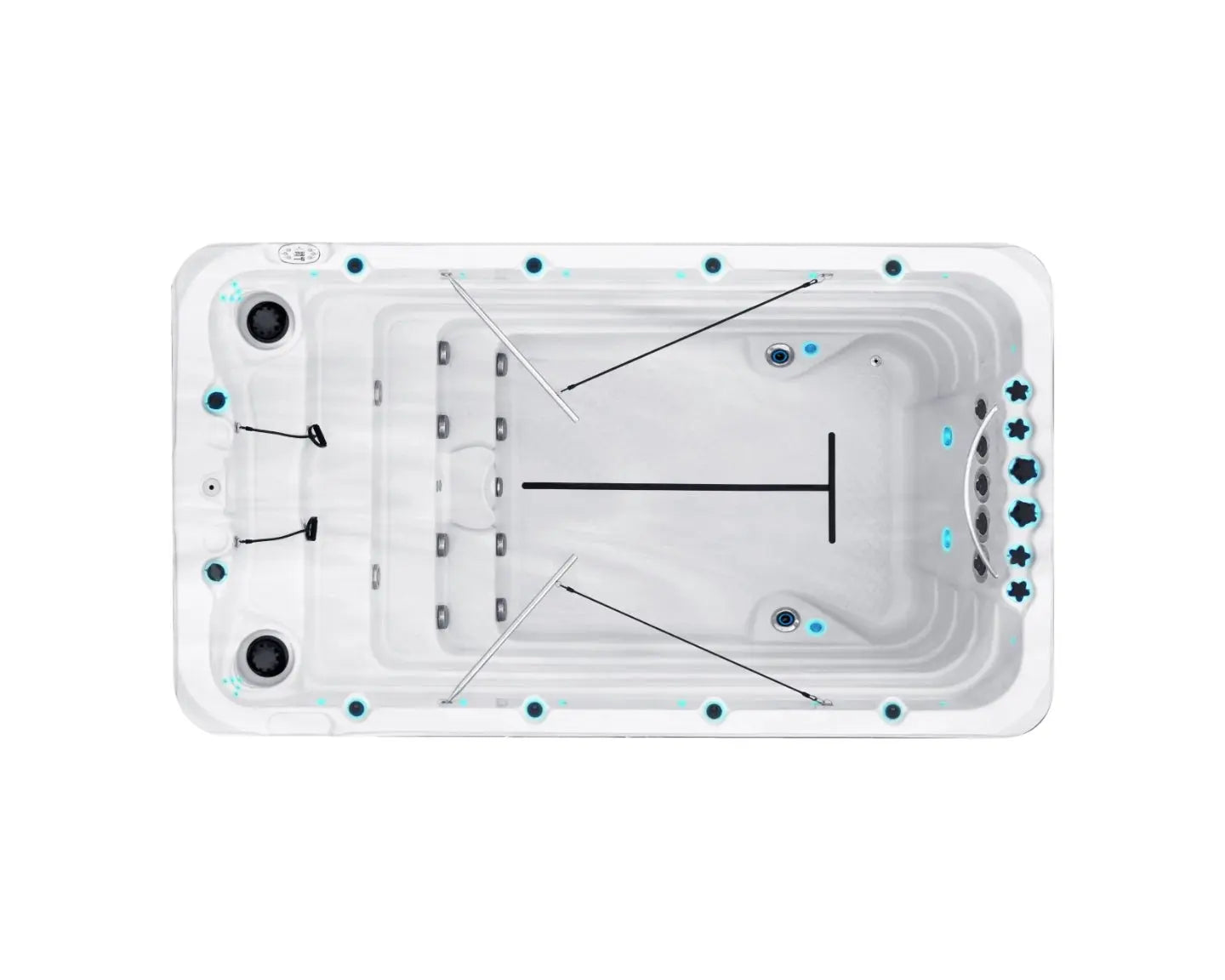Witte zwemspa met geïntegreerde zit- en zwemgedeelten, ontworpen als jacuzzi buiten en swimspa voor fitness en ontspanning.