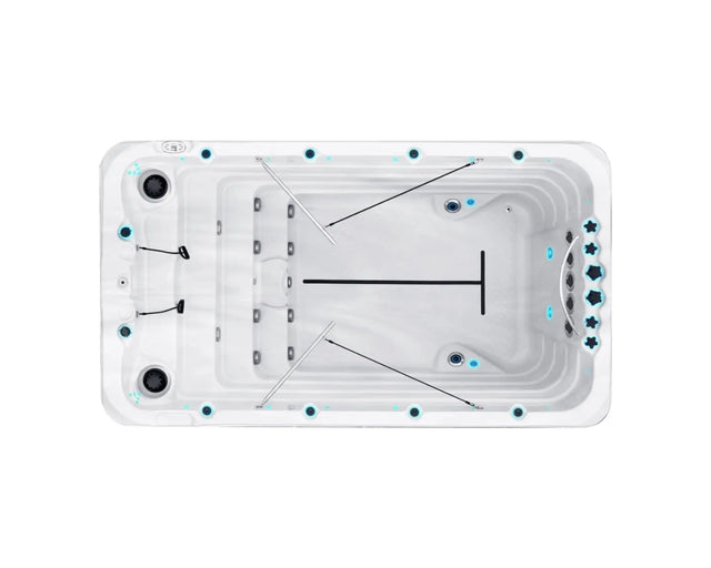 Witte zwemspa met geïntegreerde zit- en zwemgedeelten, ontworpen als jacuzzi buiten en swimspa voor fitness en ontspanning.