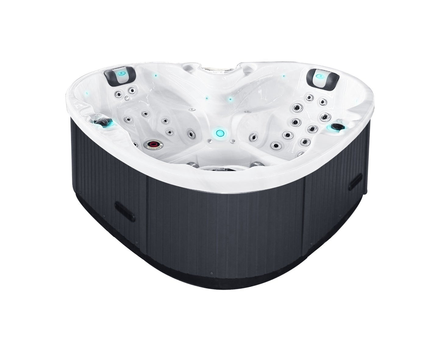 Heart-shaped 2-person luxury hot tub with multiple massage jets, LED lights in white acrylic and black cabinet - Passion Spas Signature Collection