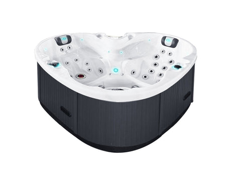 Heart-shaped 2-person luxury hot tub with multiple massage jets, LED lights in white acrylic and black cabinet - Passion Spas Signature Collection