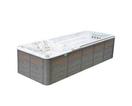 Witte zwemspa Energy Deep met zitgedeelte en swimspa voor buitengebruik, jacuzzi kopen.;;Witte zwemspa met meerdere jets en loungestoelen, ideaal als jacuzzi buiten of swimspa.