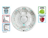 Ronde witte 7-persoons jacuzzi met meerdere massagejets, ergonomische zitplaatsen en zwemspa functies voor buitengebruik.