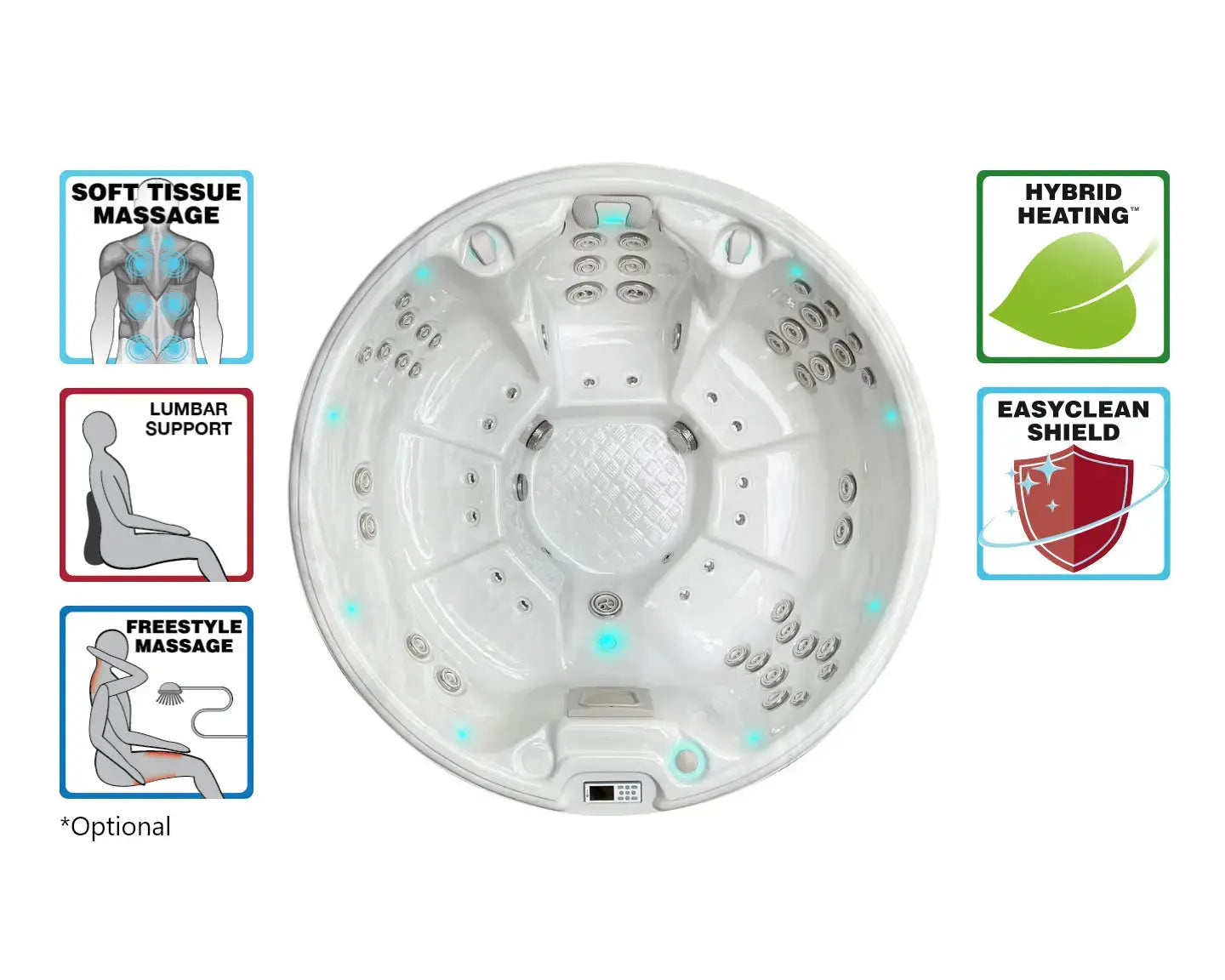 Ronde witte 7-persoons jacuzzi met meerdere massagejets, ergonomische zitplaatsen en zwemspa functies voor buitengebruik.