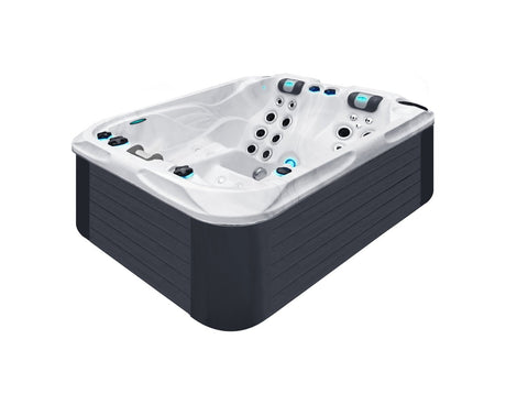 Driepersoons witte jacuzzi met zwarte buitenkant, perfect als swimspa of jacuzzi buiten.