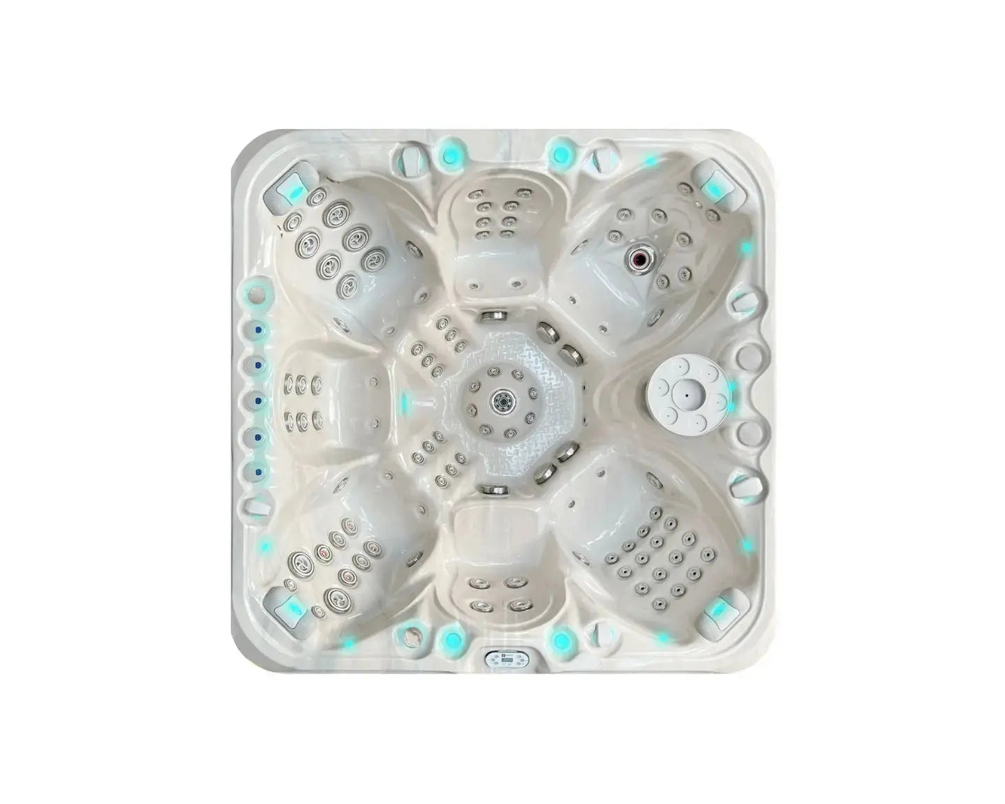 Witte 7-persoons jacuzzi met lichtblauwe ledverlichting en meerdere zitplaatsen, ideaal als swimspa voor buitengebruik.