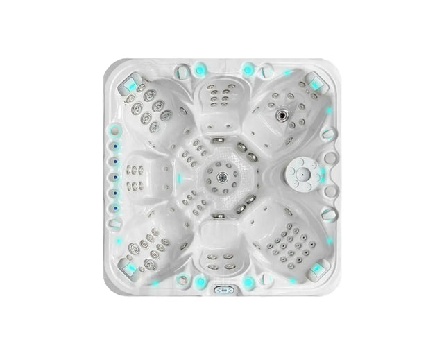 Witte 7-persoons jacuzzi met verstelbare jets en blauwe ledverlichting, perfecte swimspa voor buitengebruik.
