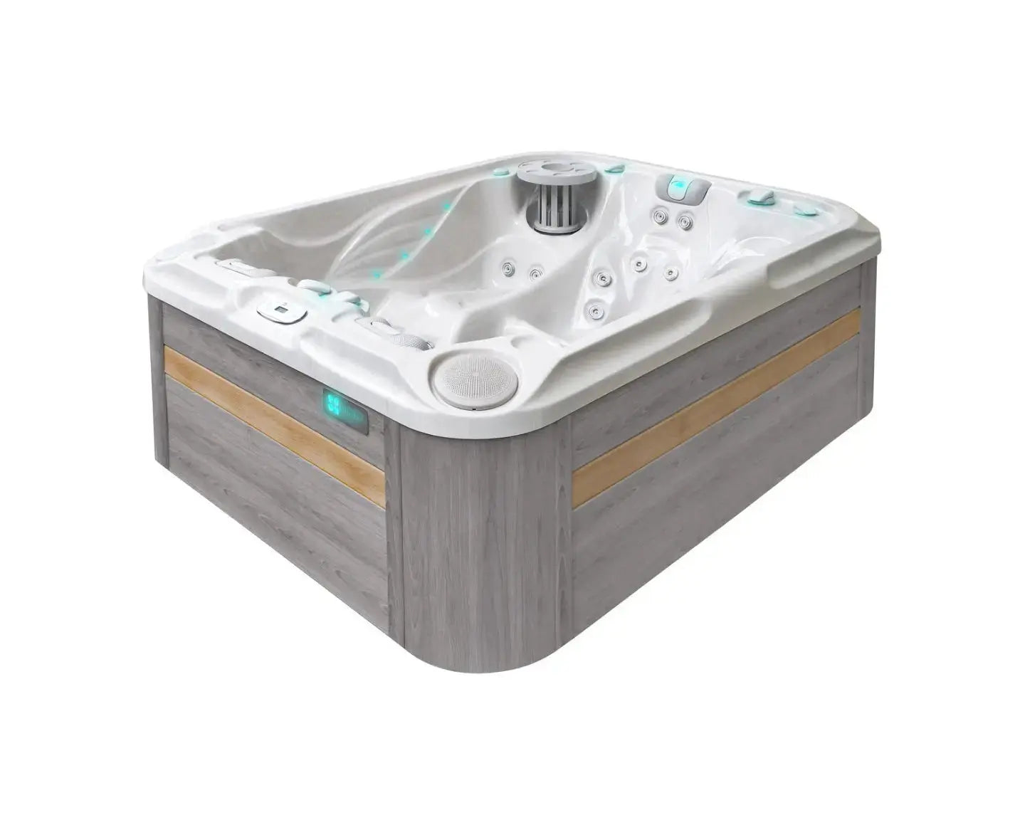 Moderne 3-persoons jacuzzi buiten met grijs paneel en wit interieur, ideaal als zwemspa of swimspa.