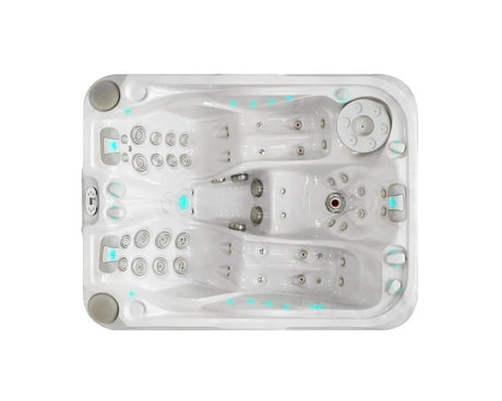 Witte 3-persoons jacuzzi met verstelbare jets en blauwe ledverlichting voor buitenzwemspa en swimspa gebruik.