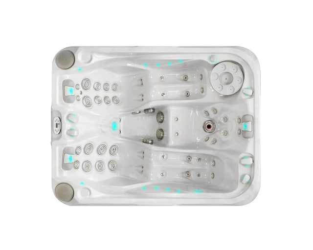 Witte 3-persoons jacuzzi met verstelbare jets en blauwe ledverlichting voor buitenzwemspa en swimspa gebruik.