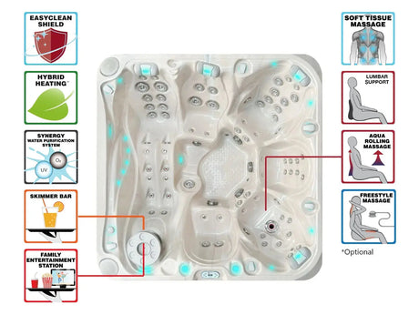 Aerial view of Admire luxury hot tub featuring multiple seats and massage jets in white shell design - Passion Spas Signature Collection;;
