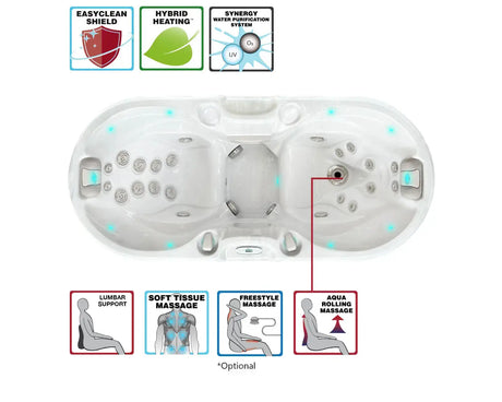 Witte 2-persoons jacuzzi buiten met zachte massage- en verwarmingsopties, ideaal als swimspa of zwemspa.