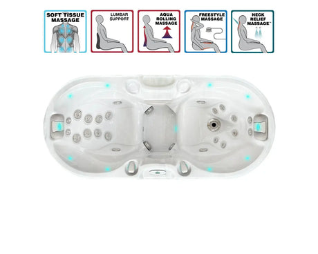 Witte 2-persoons jacuzzi buiten met verstelbare massagestralen en ergonomische zitplaatsen, swimspa ontwerp.