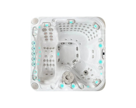 Witte 5-persoons jacuzzi met LED-verlichting en meerdere zitplaatsen, ideale swimspa voor buitengebruik.