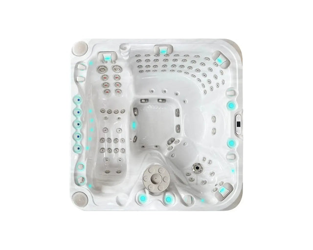 Witte 5-persoons jacuzzi met LED-verlichting en meerdere zitplaatsen, ideale swimspa voor buitengebruik.