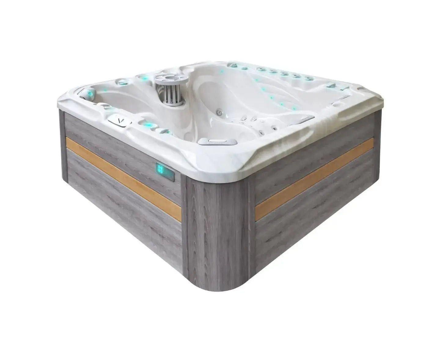Exclusieve 5-persoons jacuzzi buiten met grijze houtlook omlijsting en wit interieur, perfect als swimspa of zwemspa.