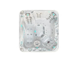 Witte 5-persoons jacuzzi met meerdere zitplaatsen en blauwe ledverlichting, ideale swimspa voor buitengebruik.