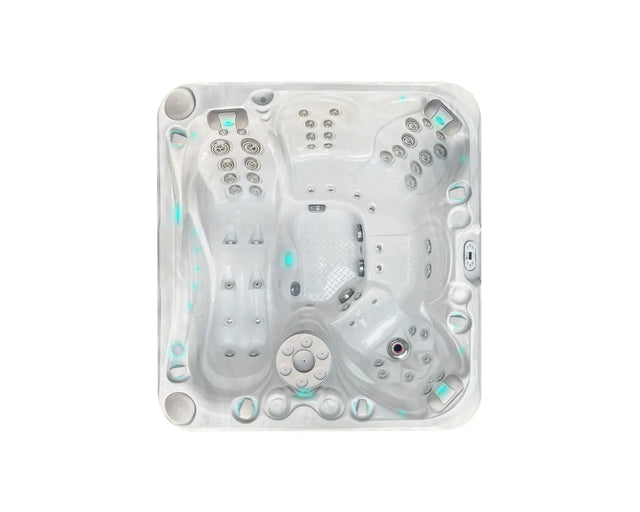 Witte 5-persoons jacuzzi met meerdere zitplaatsen en blauwe ledverlichting, ideale swimspa voor buitengebruik.