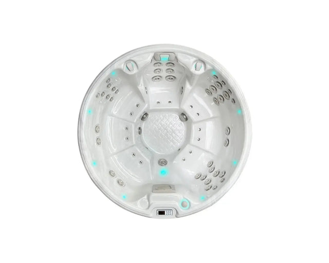 Ronde witte 7-persoons jacuzzi met meerdere jets en ingebouwde bedieningspanelen, perfect als swimspa of zwemspa voor buiten.