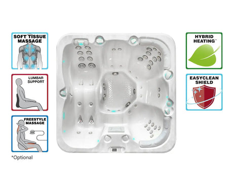Witte 5-persoons jacuzzi met zitplaatsen, massagejets en swimspa-functie voor buitengebruik.