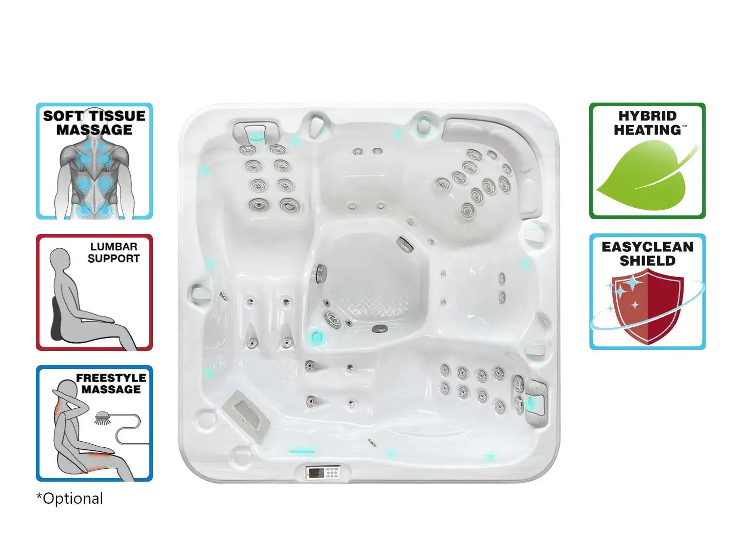 Witte 5-persoons jacuzzi buiten met soepele massasjestanden en comfortabele zitplaatsen voor zwemspa en swimspa gebruik.