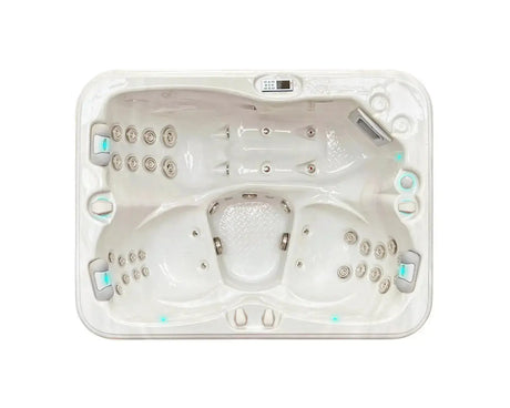 Witte 3-persoons jacuzzi met meerdere jets en geïntegreerd bedieningspaneel voor buitengebruik.