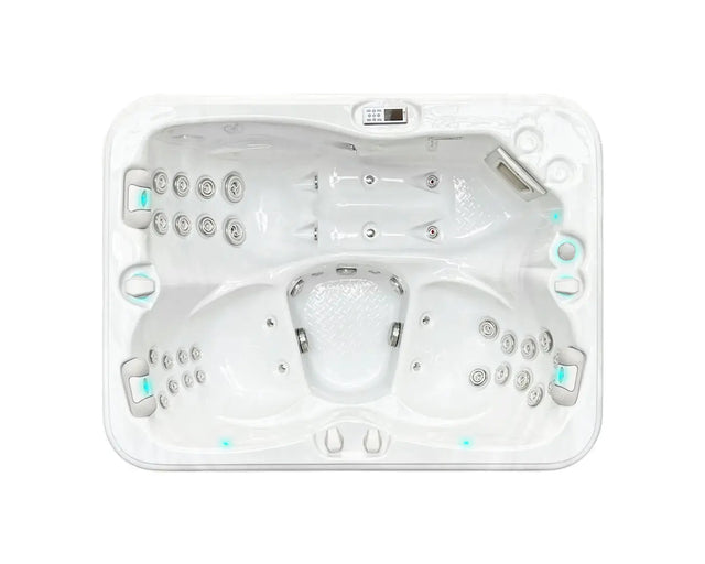 Witte 3-persoons jacuzzi met meerdere jets en bedieningspaneel, ideale swimspa voor buitengebruik.