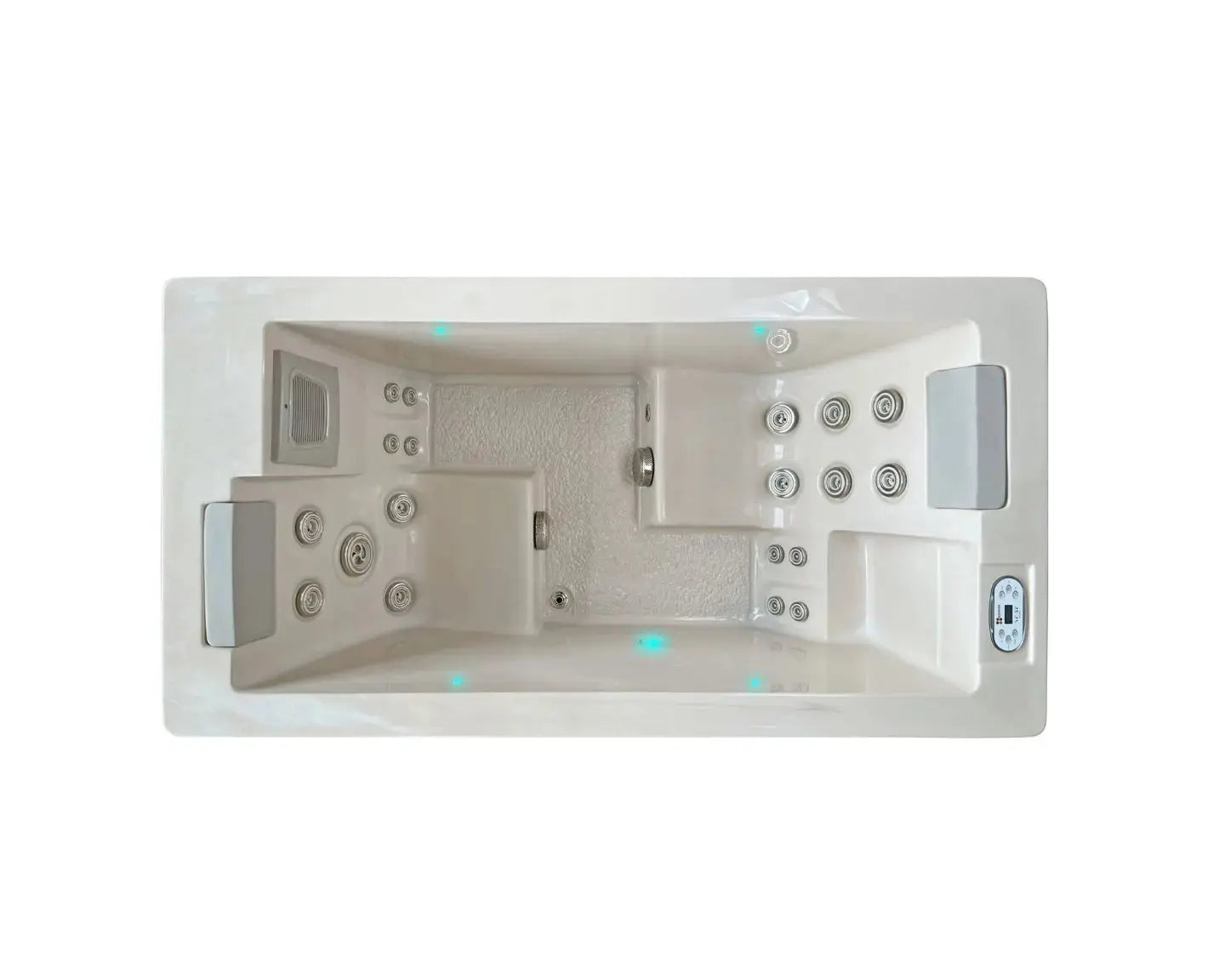 Moderne 2 persoons jacuzzi buiten met comfortabele zitplaatsen en geïntegreerde jets, perfecte swimspa.