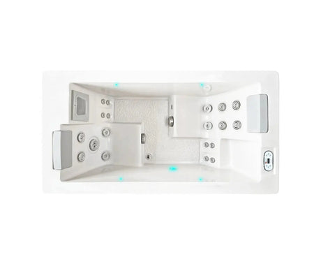 Witte moderne swimspa voor 2 personen met verstelbare jets en hoofdsteunen, ideale jacuzzi buiten.