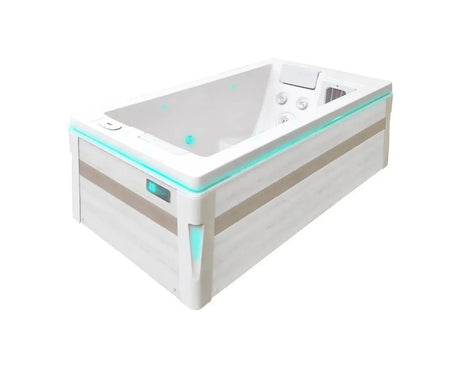 Moderne 2-persoons jacuzzi buiten in lichte kleuren met bedieningspaneel, perfect als zwemspa of swimspa.