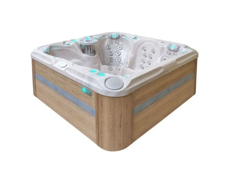 Hoekige witte jacuzzi met houtlook buitenkant en vijf zitplaatsen voor jacuzzi kopen en swimspa buitengebruik.