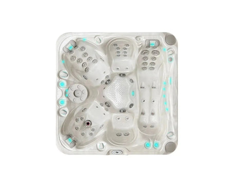 Witte 5-persoons jacuzzi buiten met meerdere zitplaatsen en geïntegreerde jets voor zwemspa en swimspa ontspanning.