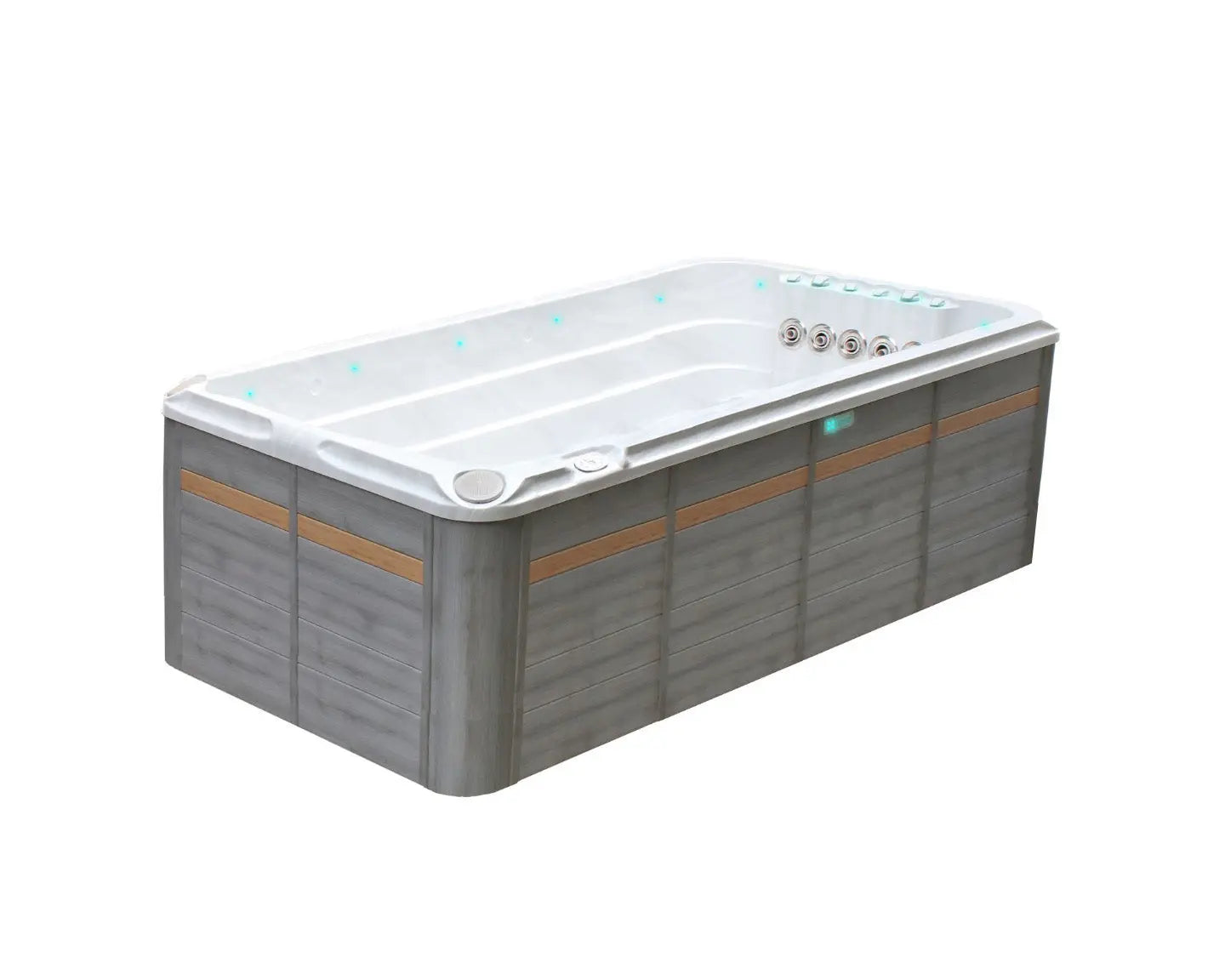 Witte zwemspa met zitplaatsen en jets, modern ontwerp voor jacuzzi buitengebruik, swimspa ideal voor sport en ontspanning,.;;Witte zwemspa met zitplaatsen en jets, ideale jacuzzi kopen voor buiten als swimspa.