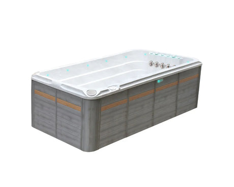 Witte zwemspa met zitplaatsen en jets, modern ontwerp voor jacuzzi buitengebruik, swimspa ideal voor sport en ontspanning,.;;Witte zwemspa met zitplaatsen en jets, ideale jacuzzi kopen voor buiten als swimspa.