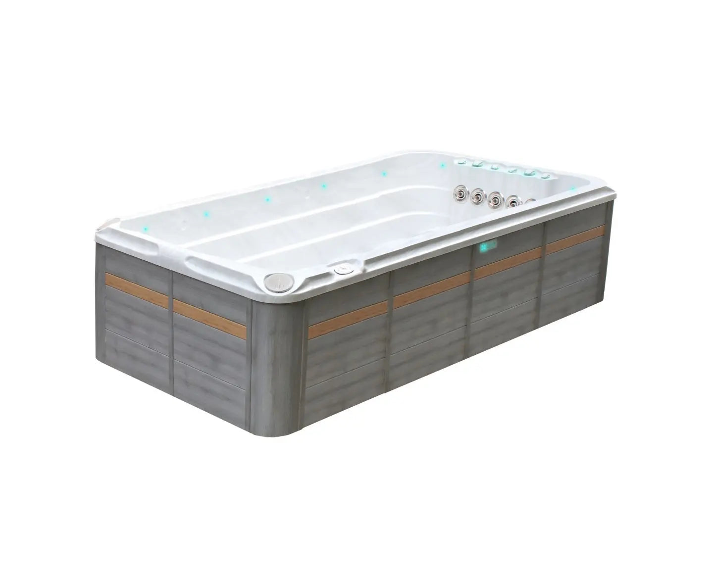 Moderne grijze zwemspa met witte binnenzijde en blauwe ledverlichting, perfect als jacuzzi buiten of swimspa voor sport en.