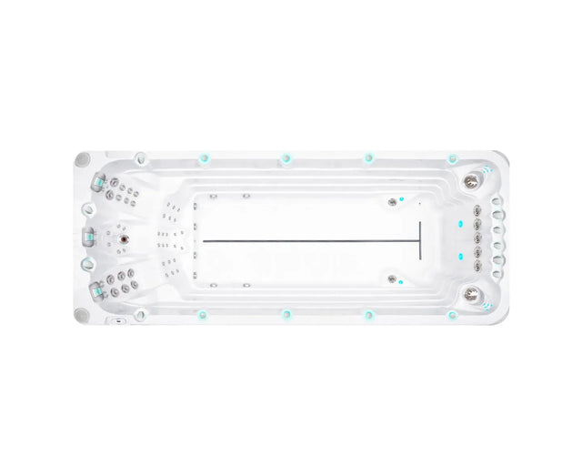 Witte zwemspa met zitplaatsen en jets, modern ontwerp voor jacuzzi buitengebruik, swimspa ideal voor sport en ontspanning,.