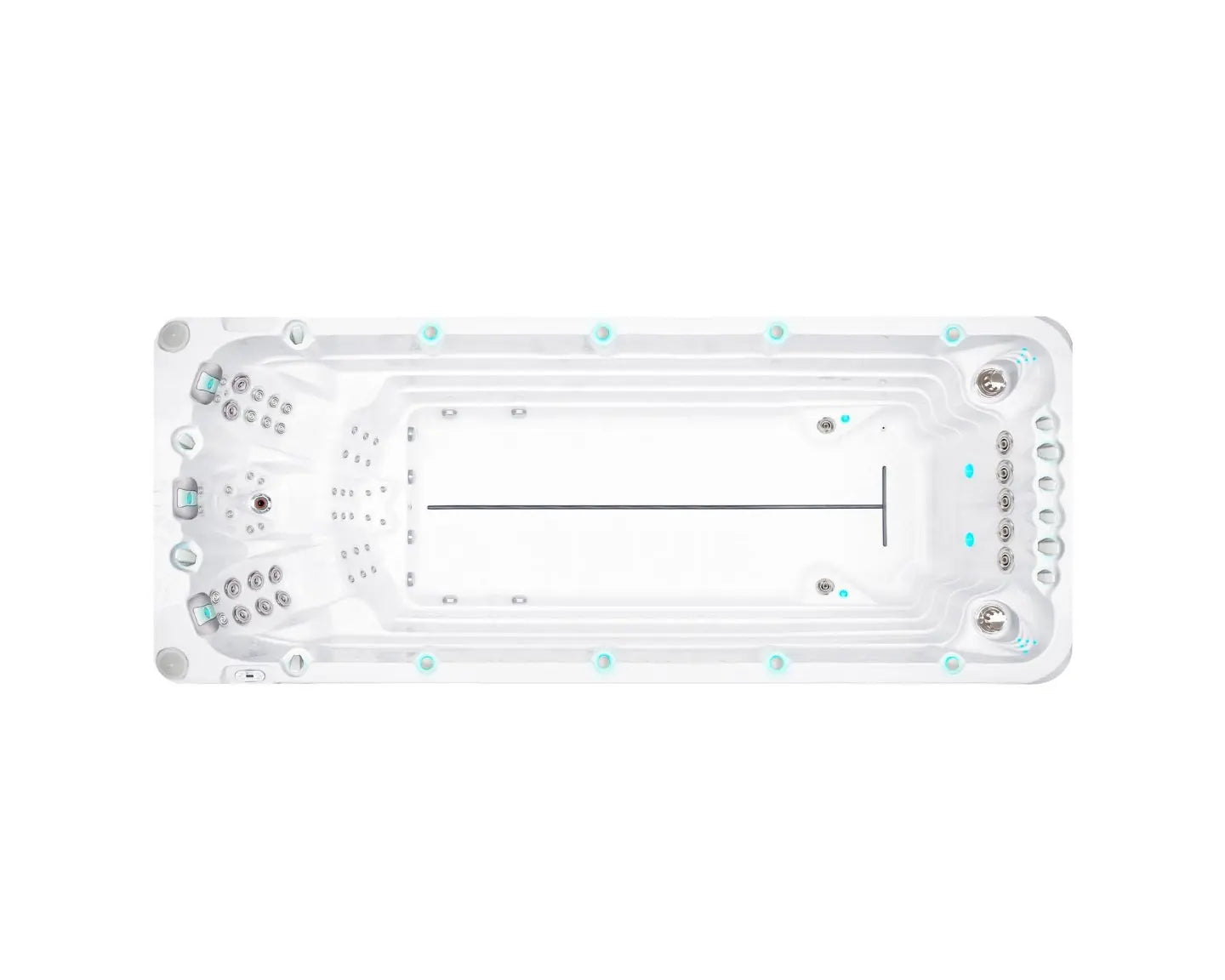 Witte zwemspa met geïntegreerde jets en zithoeken, ideale jacuzzi buiten voor zwemmen en ontspanning, perfect voor swimspa.;Moderne grijze zwemspa met witte binnenzijde en blauwe ledverlichting, perfect als jacuzzi buiten of swimspa voor sport en.;Witte zwemspa met ingebouwde jets en diverse bedieningspanelen, ideale jacuzzi buiten voor zwemmen en ontspanning.