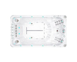 Witte zwemspa met stromingszones en zitplaatsen, moderne jacuzzi buiten voor sport en ontspanning.