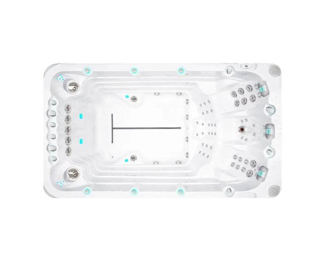 Witte zwemspa met stromingszones en zitplaatsen, moderne jacuzzi buiten voor sport en ontspanning.