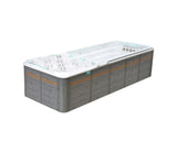 Witte zwemspa Vitality Deep met houtlook buitenkant, jacuzzi buiten ideaal voor zwemmen en ontspanning, swimspa kopen.