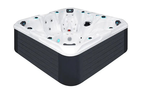;;Overhead view of Joy hot tub with 7-person capacity, featuring massage jets and bucket seats by Passion Spas from Signature Collection Hot tubs