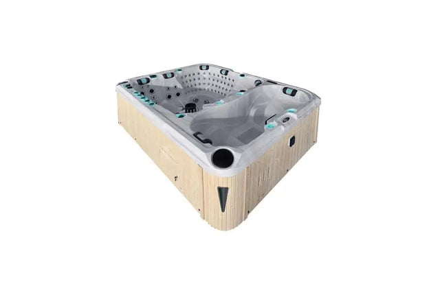 Moderne beige jacuzzi buiten met meerdere zitplaatsen en ingebouwde jets voor swimspa en jacuzzi kopen.