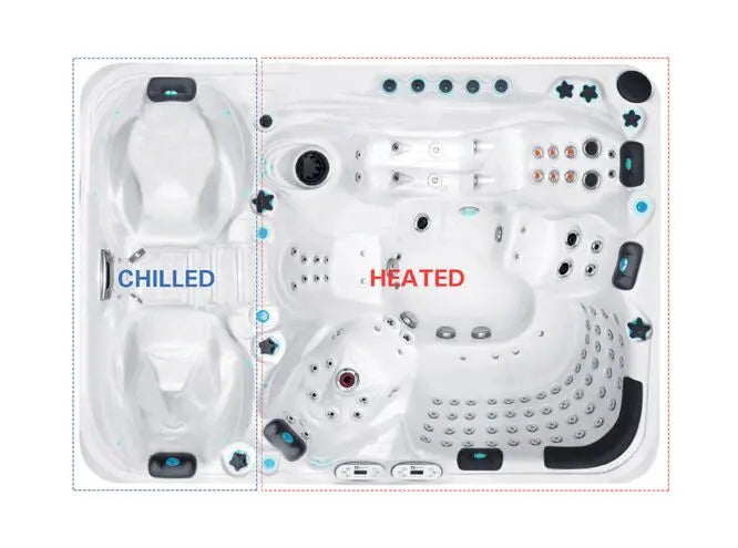 Witte jacuzzi buiten met hot and cold therapy zones, perfect als zwemspa of swimspa, ideaal voor jacuzzi kopen.