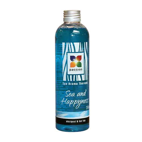 Transparante fles met blauwe aromatherapie-olie Sea and Happyness voor jacuzzi kopen of swimspa gebruik buiten.